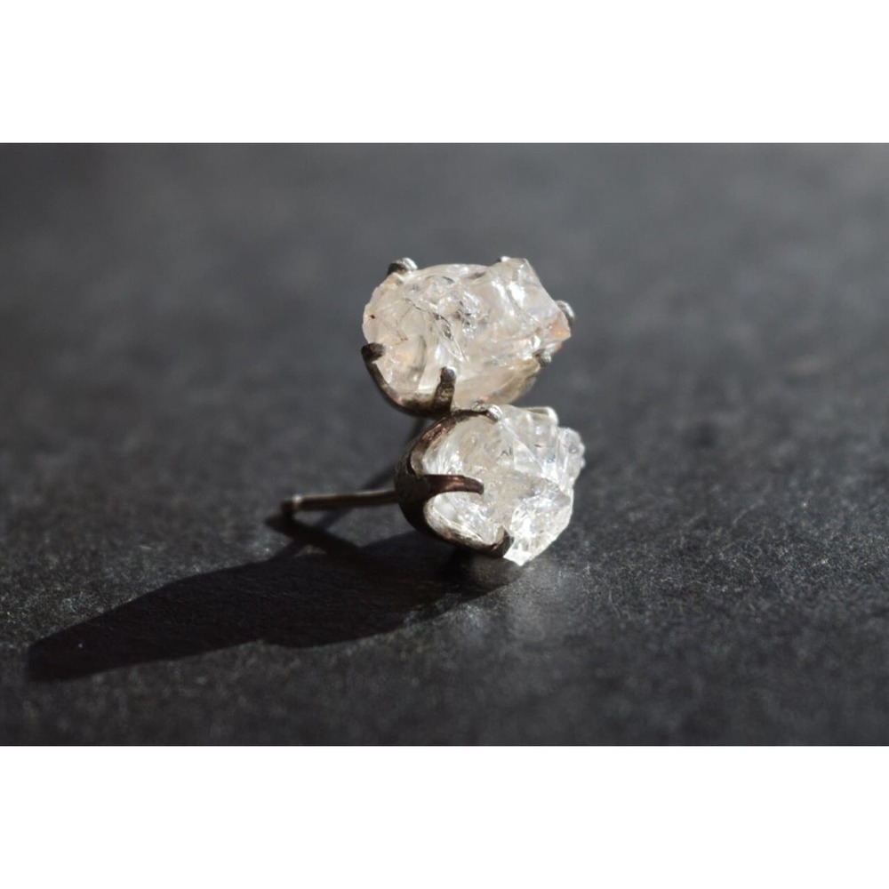 Sterling silver stud earrings, alternative diamond, uncut natural gemsto…
